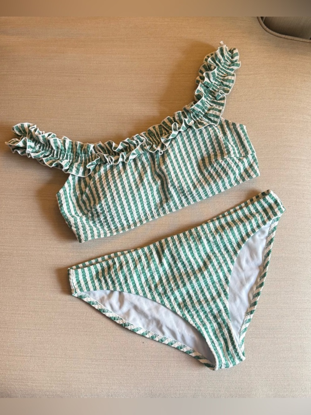 Women’s Jessica Simpson Green and White Striped Scrunch Bottom Bikini